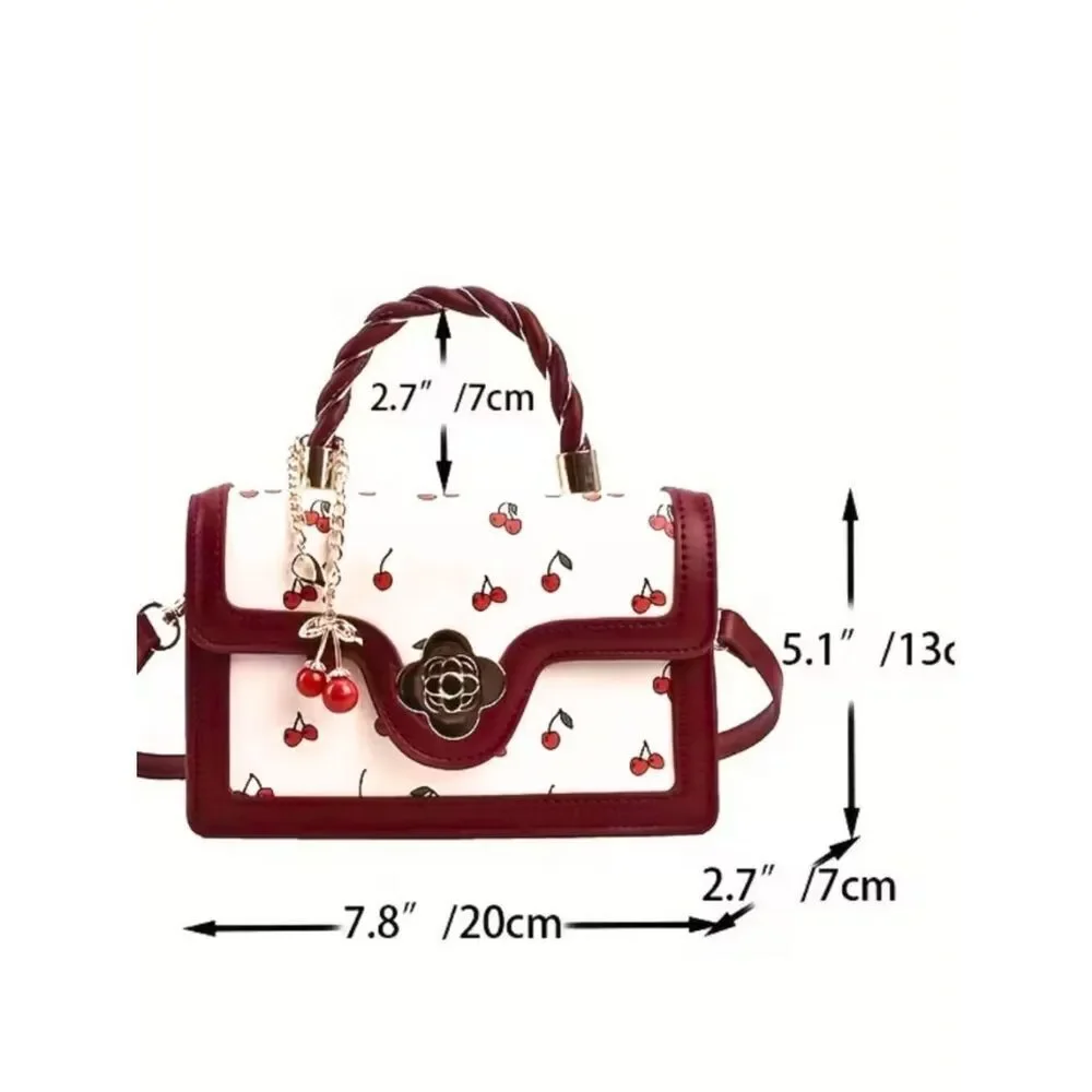 Cute NWT Cherry Print Coquette Kawaii Red Flap Square Top Handle Crossbody Bag